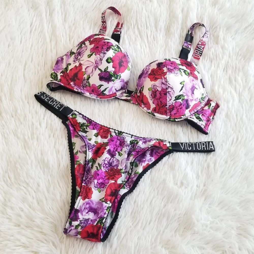 Victoria's Secret Floral Bra and Panty Set - Pink and Purple
